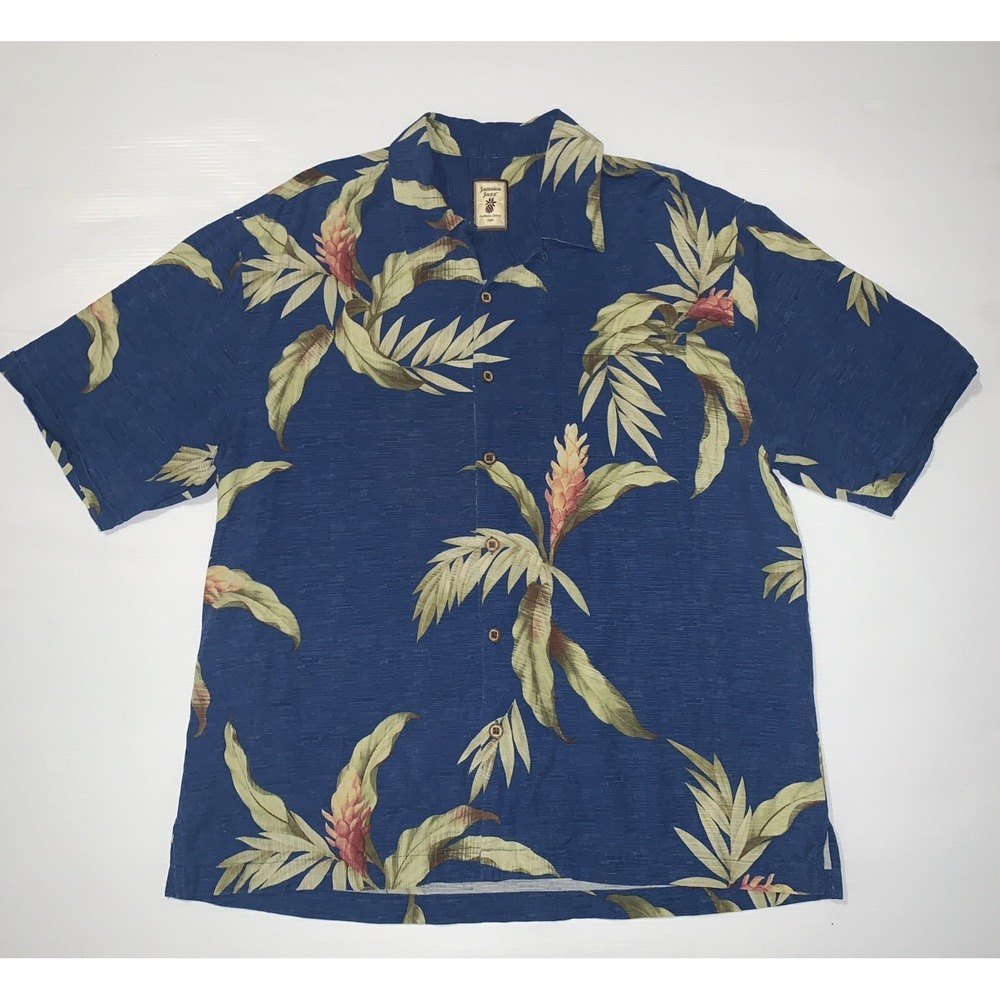 Jamaica Jaxx Mens Large Blue 100% Silk Tropical Floral Hawaiian Camp Shirt Beach